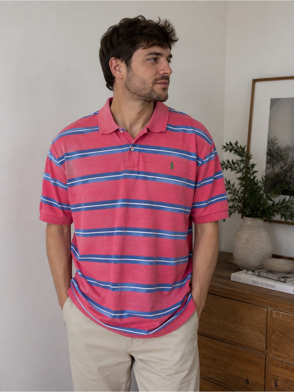 Polo Ralph Lauren Striped Polo Shirt Men XL Pink Blue 100% Cotton Preppy Golf